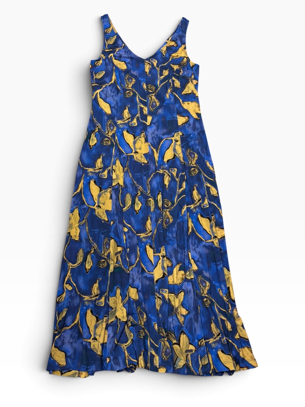 Peruvian Connection Blue and Yellow Floral Sleeveless Midi Dress, Women’s Medium
